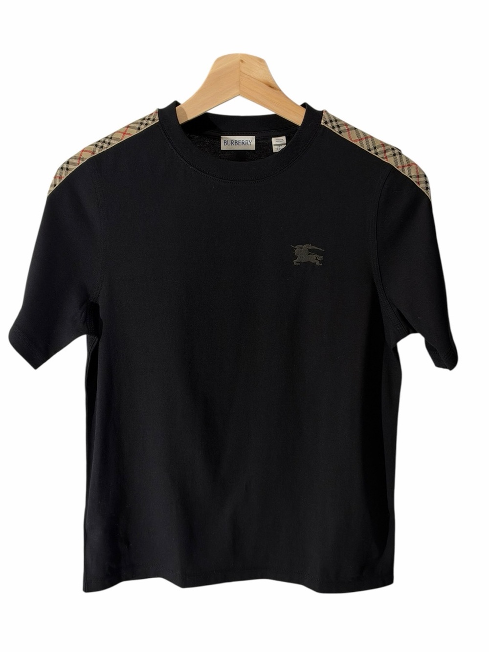 Burberry Black Tee with Vintage Check Shoulder Stripes
